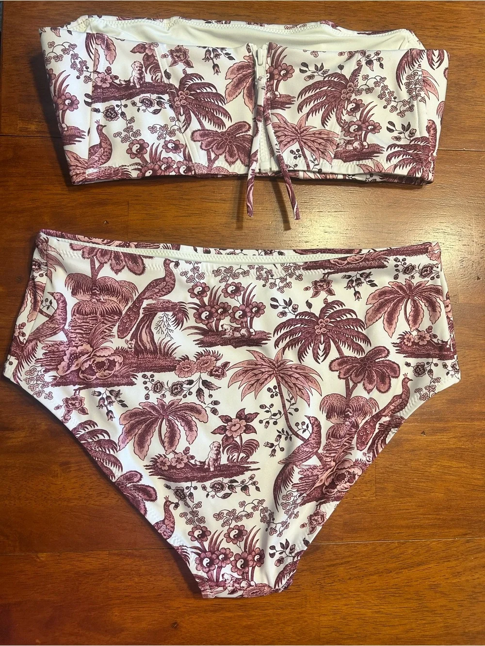 STAUD White and Pink Toile Bandeau Bikini Set
